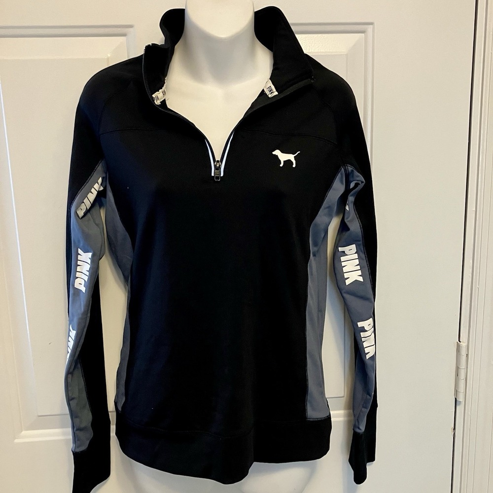 Victoria's Secret PINK 1/4 Zip Sz Small Black Gray Logo Spirit Jersey Shirt Top